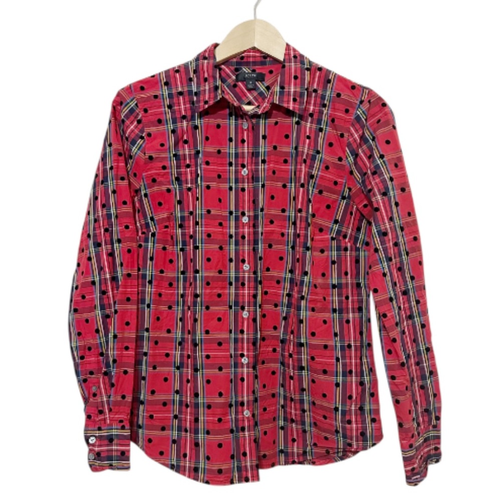 J.Crew Slim Perfect Shirt Red Stewart
Tartan Plaid Velvet Polka Dot Size 8 - Picture 2 of 6